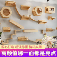 Solid Wood Wall-Mounted Cat Climbing Frame with Jumping Platform & Ladder, Aerial Cat Walkway