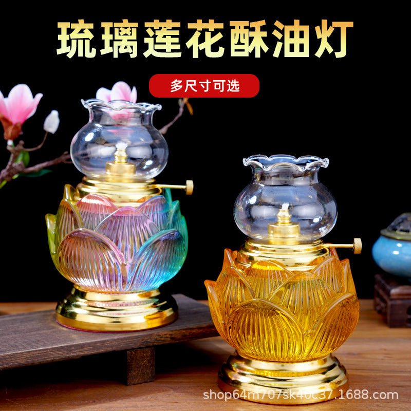 Lotus Embossed Butter Lamp Holder for Buddhist Altars, Long-Lasting LED Prayer Lamp