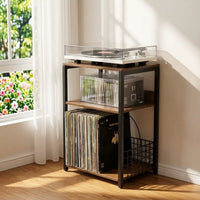 Vintage Record Player Stand with 3-Tier Storage for Vinyl Records and CDs