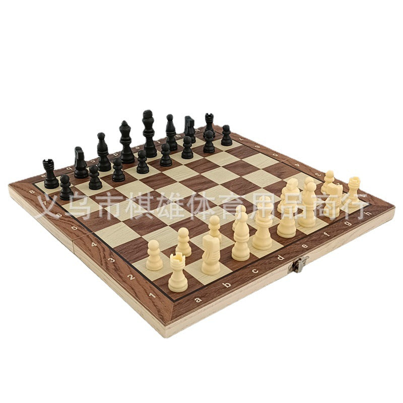 3-in-1 Wooden Chess Set with Foldable Board, Checkers, and Backgammon for Family Fun
