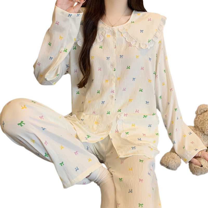 Women's Cloud Cotton Bowknot Pajama Set Long Sleeve Ruffled Doll Collar Sleepwear