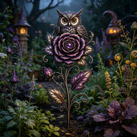Rose Owl Garden Stake Metal Outdoor Yard Art Decor