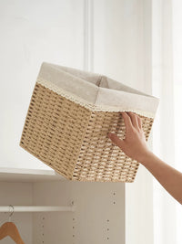 Handwoven Straw Storage Basket with Lid for Laundry, Snacks, and Home Organization
