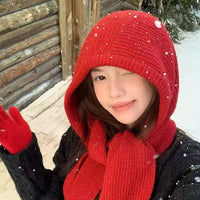 Korean Style Knitted Beanie Hat with Integrated Scarf for Winter, Fashionable Warm Ear Protection
