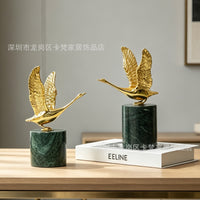 Modern Luxury Golden Brass Swan Figurine with Natural Fluorite Base for Living Room Decor