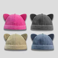 Cute Cat Ear Washed Beanie Hat for Women, Hip-Hop Style Docker Cap
