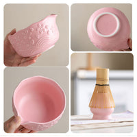 Embossed Cherry Blossom Ceramic Matcha Bowl Set with Spout - 7 Pieces