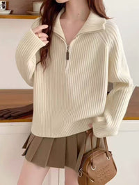 Women's Korean Style High-Neck Half-Zip Knitted Sweater