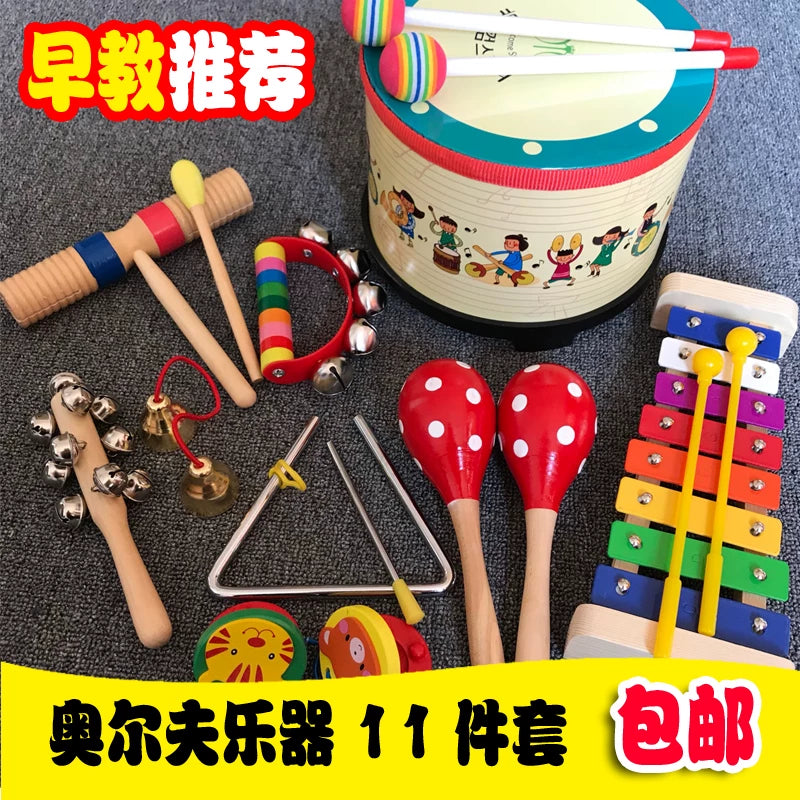 Orff Percussion Drum Set for Kids and Babies - Hand Drum, Snare Drum, Lollipop Drum with Maracas