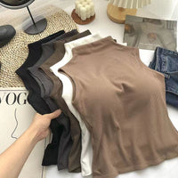 Women's Thermal Ribbed Half-High Collar Vest with Built-in Bra and Fleece Lining