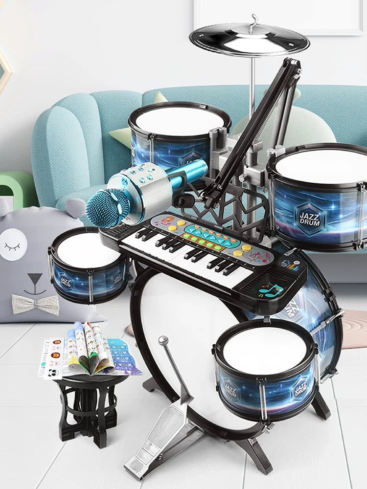 Kids' 5-Drum Jazz Drum Set with Electronic Keyboard or Guitar for Beginners 3-6 Years Old