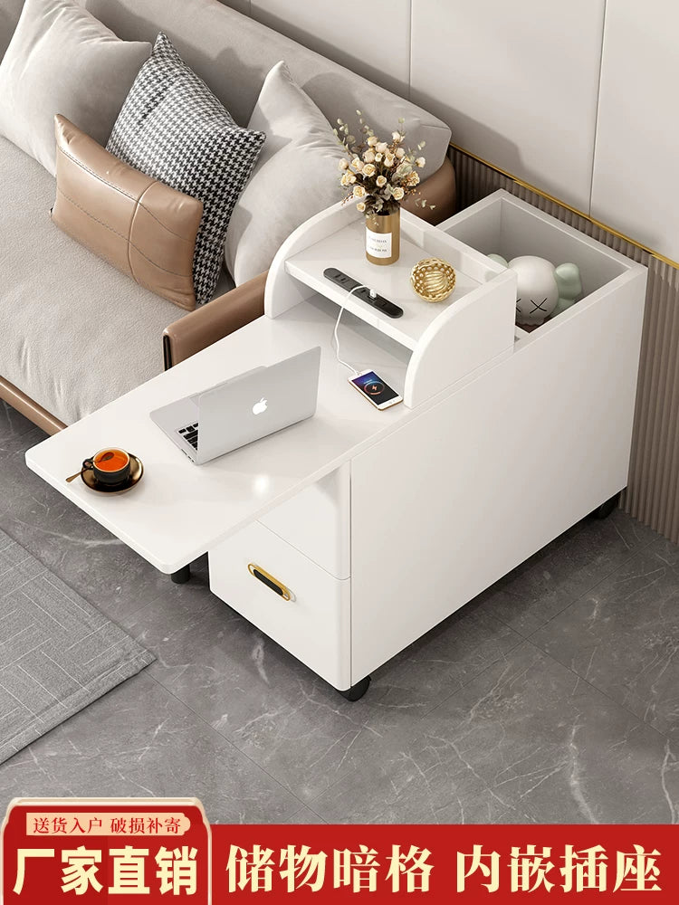 Living Room Sofa Side Table with Power Outlets, Mobile End Table with Wheels, Narrow Armrest Cabinet