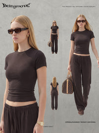 Women's Casual Short Sleeve Crop Top and High Waist Straight Leg Pants Set