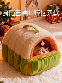 Semi-Enclosed Pet Cave Bed for Cats and Small Dogs, Warm Winter Cat House with Removable Cushion