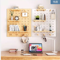 Solid Wood Pegboard Wall Organizer Shelf with Hooks