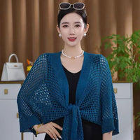 Knitted Shrug with Butterfly Sleeves and Silver Thread Detail, Hollow Ice Silk Sun Protection Shawl