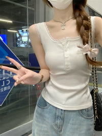 Women's Square Neck Lace Trim Button-Front Camisole Tank Top
