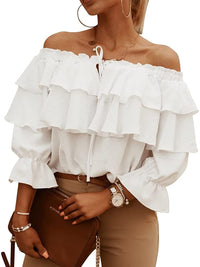 Women's Off-Shoulder Chiffon Ruffle Short Sleeve Blouse
