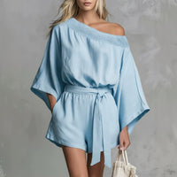 Women's Off-Shoulder Lace Trim Top & Tie-Waist Shorts Set