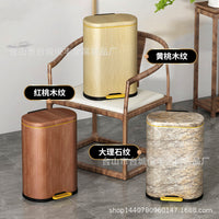 New Chinese Style Retro Wood Grain Stone Pattern Stainless Steel Trash Can with Lid for Kitchen Living Room Bedroom