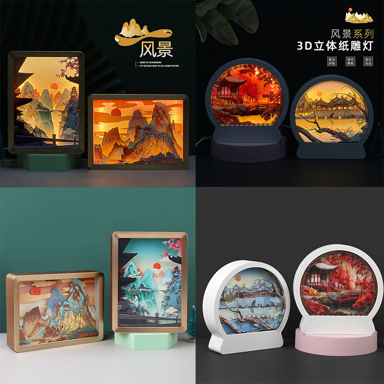 3D Paper Carving Night Light Shadow Box Lamp - Creative Ancient Style Gift for Festivals