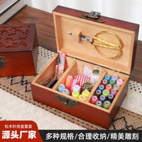 Vintage Hollow Carved Wooden Sewing Box Kit with Tools and Accessories for Cross Stitch and Home Use