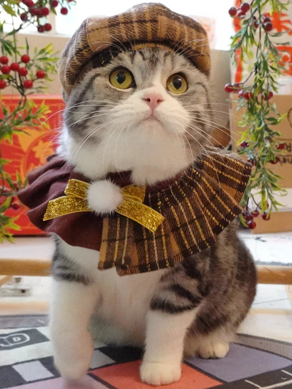 Pet Christmas Octagonal Hat Scarf Collar Set for Cats and Small Dogs, Festive British Style Costume