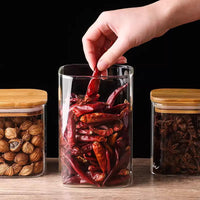 Square Glass Storage Jar with Wooden Lid for Grains and Dry Goods
