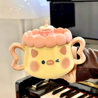 Cute Pig Ceramic Mug with Lid and Spoon, Large Capacity Coffee Water Cup for Girls