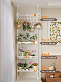 Tension Rod Plant Stand with Adjustable Shelves and Baskets for Balcony Living Room