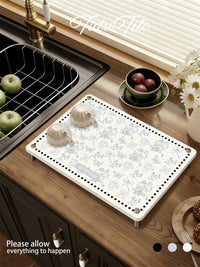 Kitchen Sink Caddy with Diatomaceous Earth Absorbent Mat for Utensils and Dish Drying