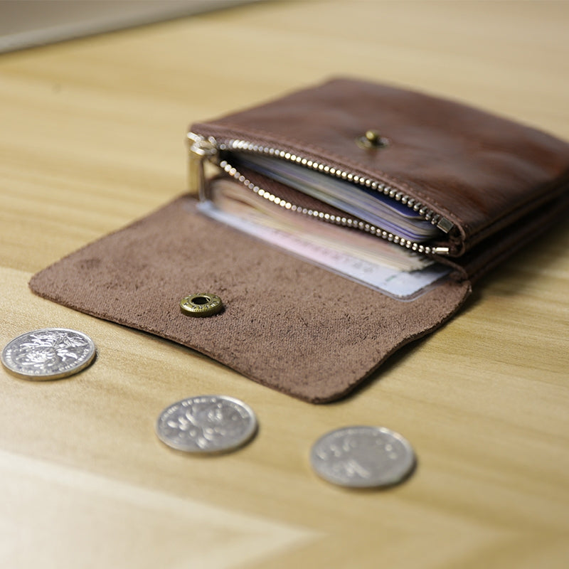 Men's Genuine Leather Mini Coin Purse with Double-Layer Buckle, Short Wallet for Cards and Change