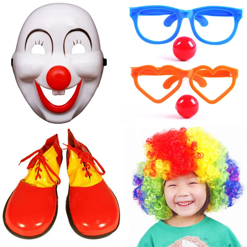 Clown Costume Accessories Set - Wig, Nose, Backpack, Whistle, Pump
