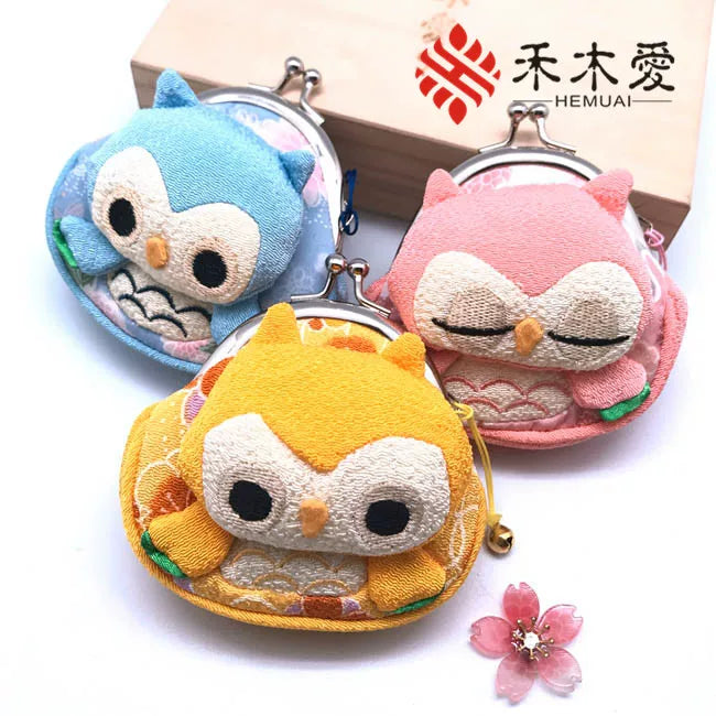 Japanese Style Silk Owl & Lucky Cat Coin Purse with Keychain