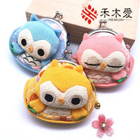 Japanese Style Silk Owl & Lucky Cat Coin Purse with Keychain
