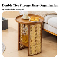 Dual-Level Round Nightstand Japanese Design 2-Tier Round Table Rattan Weave Design Rounded Edges for Bedroom, Small Spaces