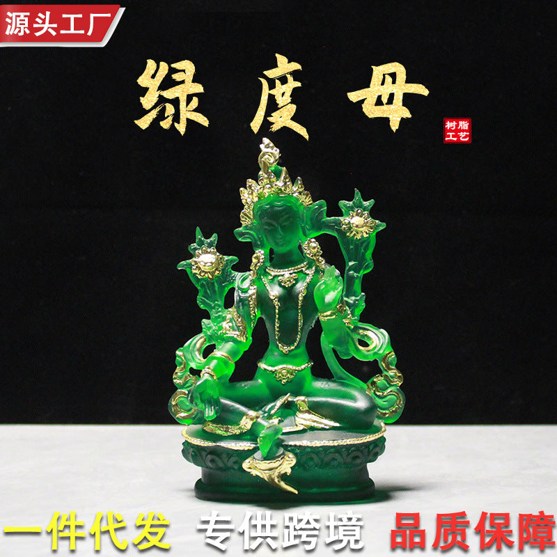 Green Tara Buddha Statue Resin Craft Chinese Home Decor Gold Leaf