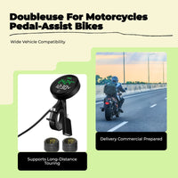 Motorcycle Tire Pressure Tracking System, cordless TPMS, instant pressure & temperature display, universal port charging, alarm modes