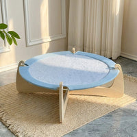 Elevated Cat Bed with Two-Tier Round Woven Design, Wood Cat Hammock with Cooling Mat for Indoor Cats, Raised Bed Indoor Resting Place for Pets