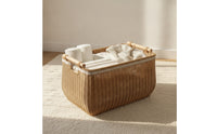 Basket with Wooden Handles Rectangular Rattan Style Basket Open-Top Storage Container Box for Shelves, Closet, Living Room
