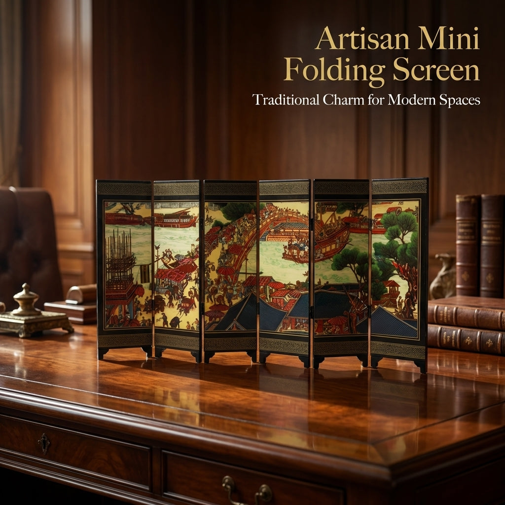 Folding Screens and Room Dividers for Desktop, Mini Privacy with Chinese Art, Handcrafted Wood Desk Divider for Office Living Decor