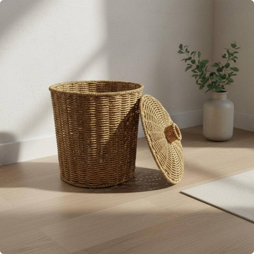 Lidded Trash Bin Retro Rattan Waste Bin Decorative Wastebasket for Bedroom, Office