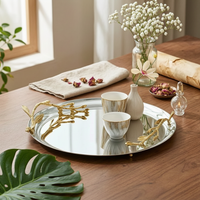Stainless Steel Tray with Gilded Branch Accents Shallow Mirrored Metal Tray Metal Serving Platter for Homeowners, Entryway, Coffee Table
