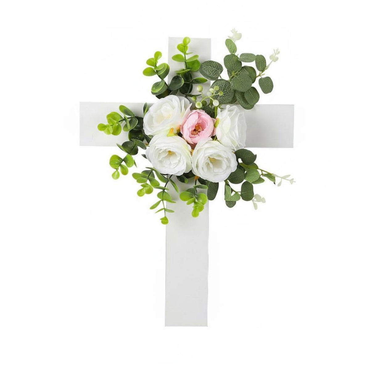 Lifelike Flowers Easter Cross Wreath Ready to Hang Floral Cross Wall Decor Fade-Resistant for Outdoor, Church