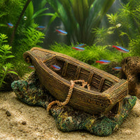 Mediterranean Style Resin Lighthouse Fish Tank Ornament with Small Wooden Boat and Reef Decor