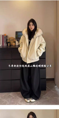 冬季新款大理石座山雕连帽绒毛棉衣外套男女冬季PU皮加厚保暖棉服