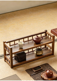 Walnut Wood Three-Tier Tea Set Shelf with Chinese Style
