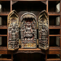 Antique Style Buddha Shrine Decorative Display Piece Triptych Buddha Altar Meaningful Design Carved Buddhist Figurine Set for Collectors