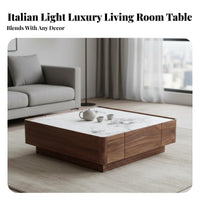 Italian design Design Square Coffee Table with Drawers Sintered Stone Top Living Room Furniture Two-Drawer Storage Minimalist Aesthetic for Homeowners, Families, Interior Designers, Lounge Area, Study