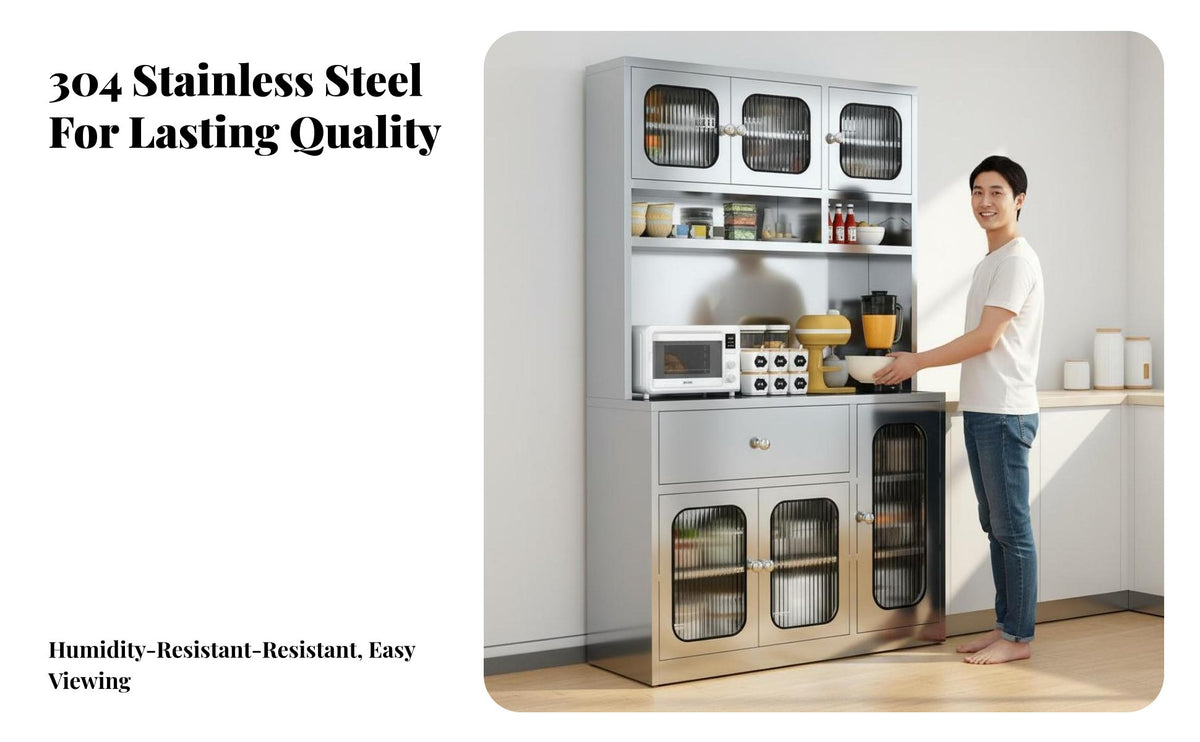 Stainless Steel Kitchen Cabinet Multi-Functional Microwave Oven Stand Cabinet Large Capacity Tall Kitchen Storage for Families, Dining Room